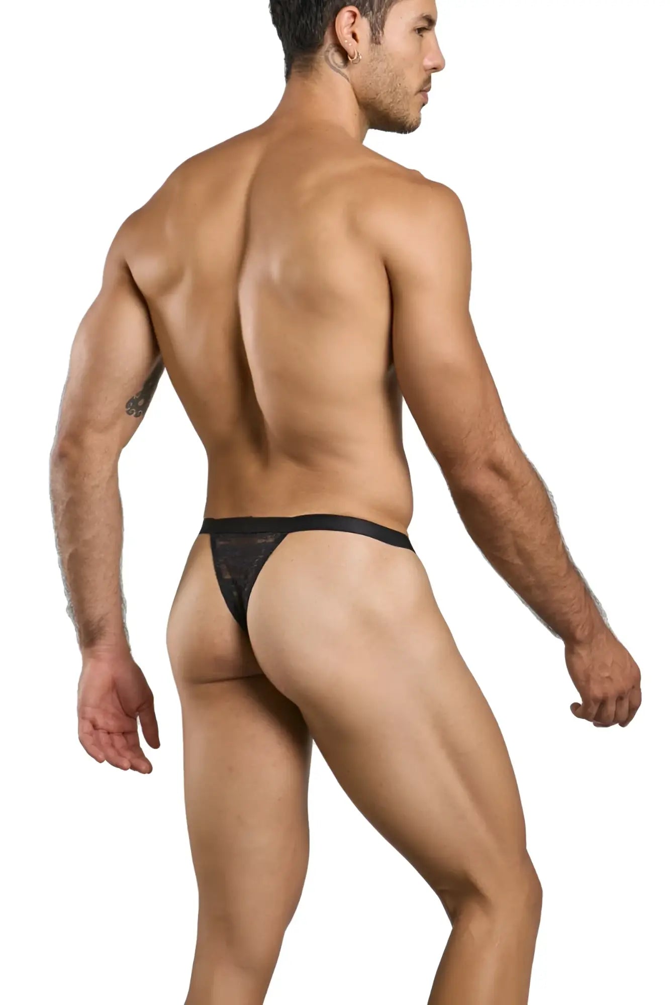 Black lace thong with solid black waistband by malebasics mbl85 y designed for a sexy fit