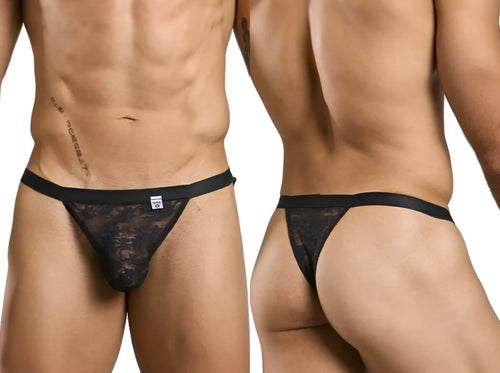 Black lace male basics mbl85 y sexy thong with solid black waistband shown from the back side