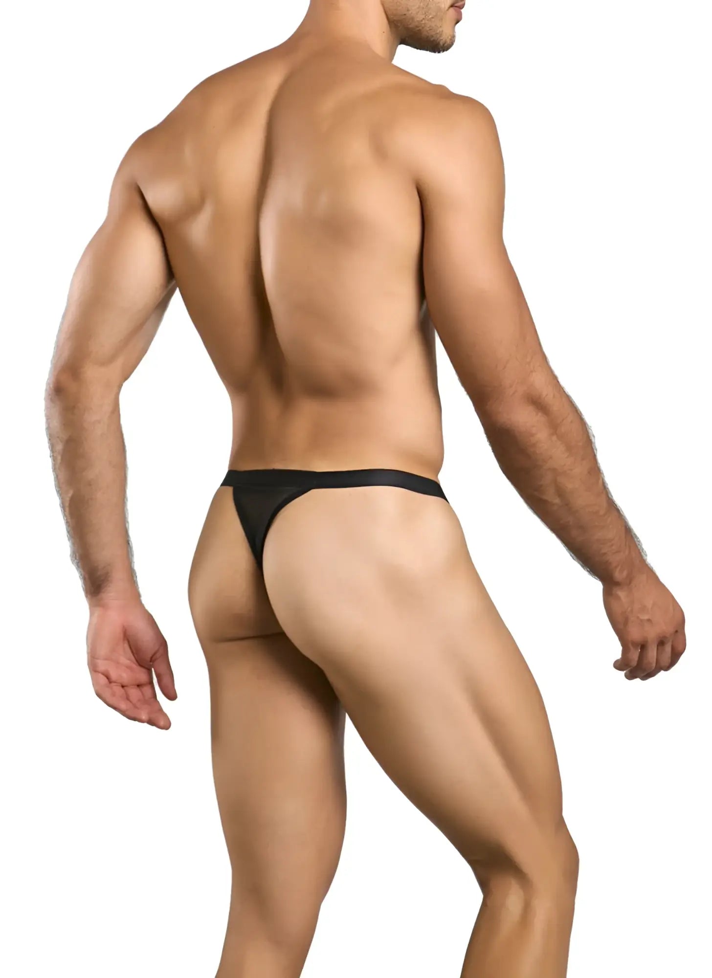 Malebasics mbl85 y sexy thongs black mesh men’s thong with smooth stretchy fabric and narrow waistband shown from the back