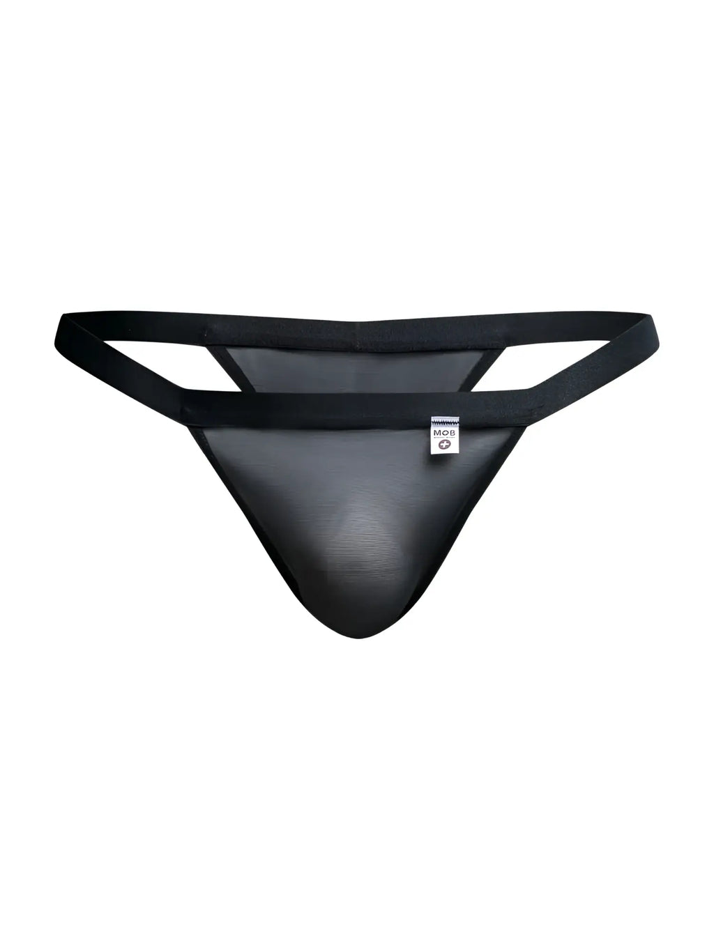 Malebasics mbl85 y sexy thongs in black mesh with solid black waistband and side straps shown from the front
