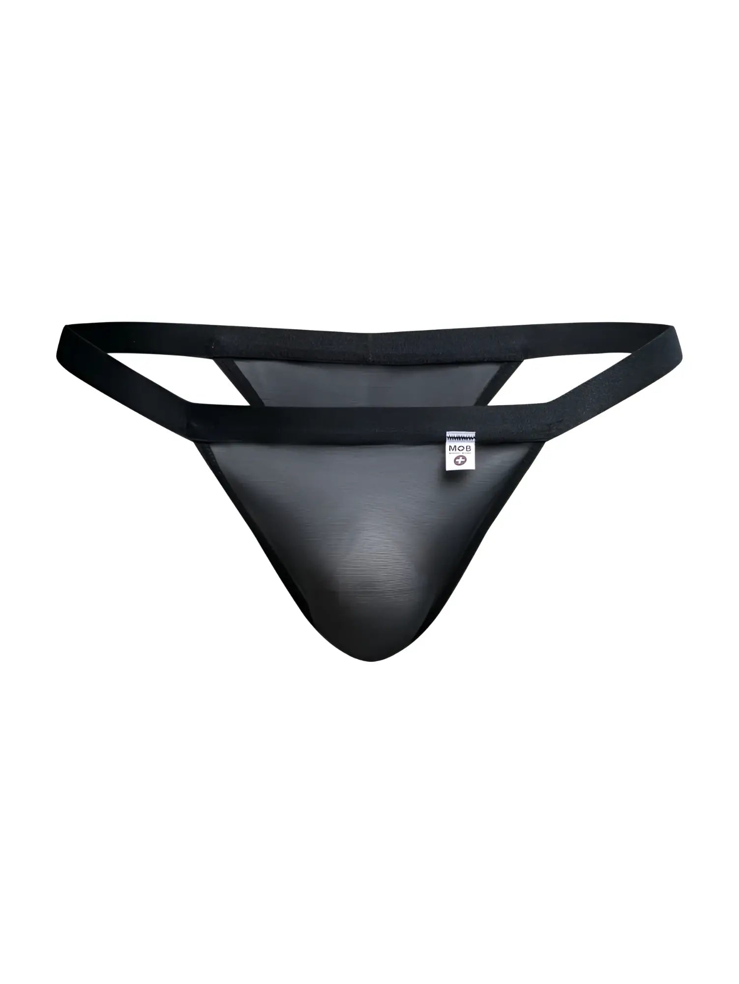 Malebasics mbl85 y sexy thongs in black mesh with solid black waistband and side straps shown from the front