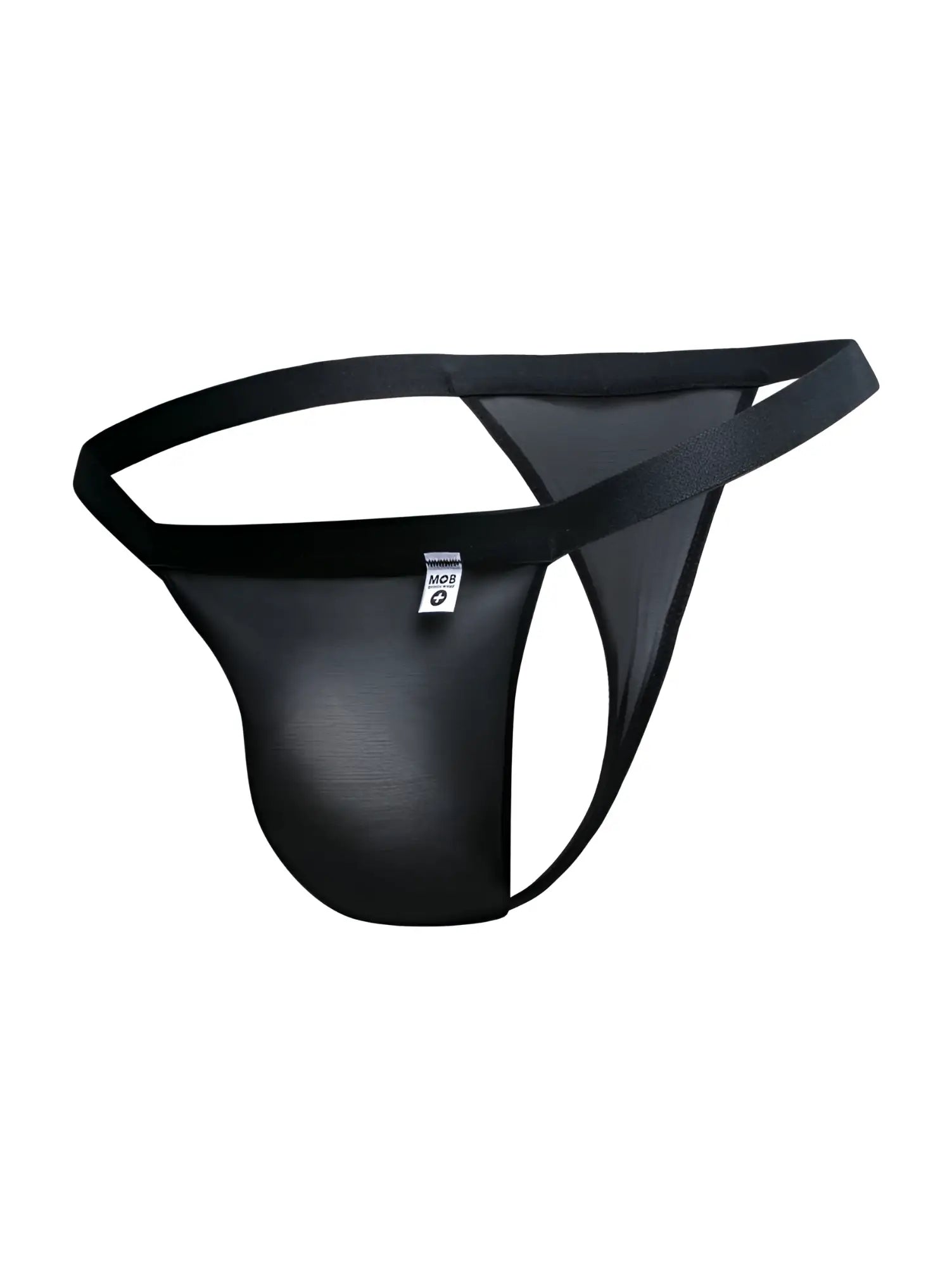 Malebasics mbl85 y sexy thongs in black mesh with solid waistband and leg openings featuring a small white label