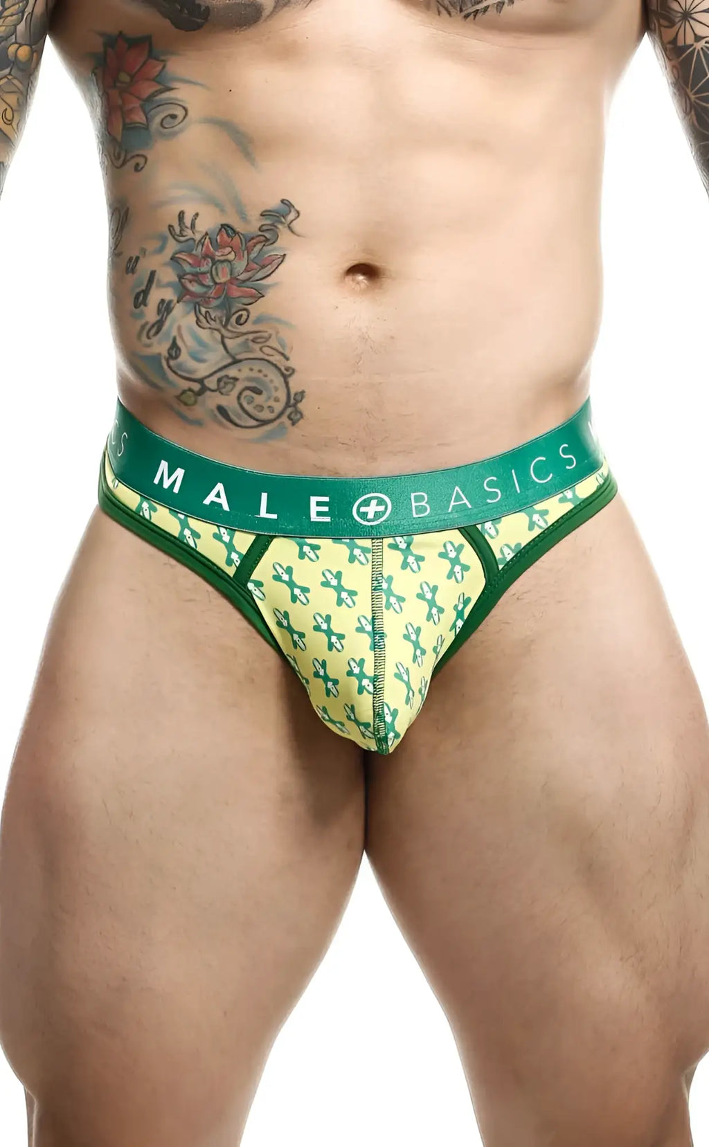Malebasics mens thong sexy pouch with green and yellow pattern and male basics waistband for comfortable fit
