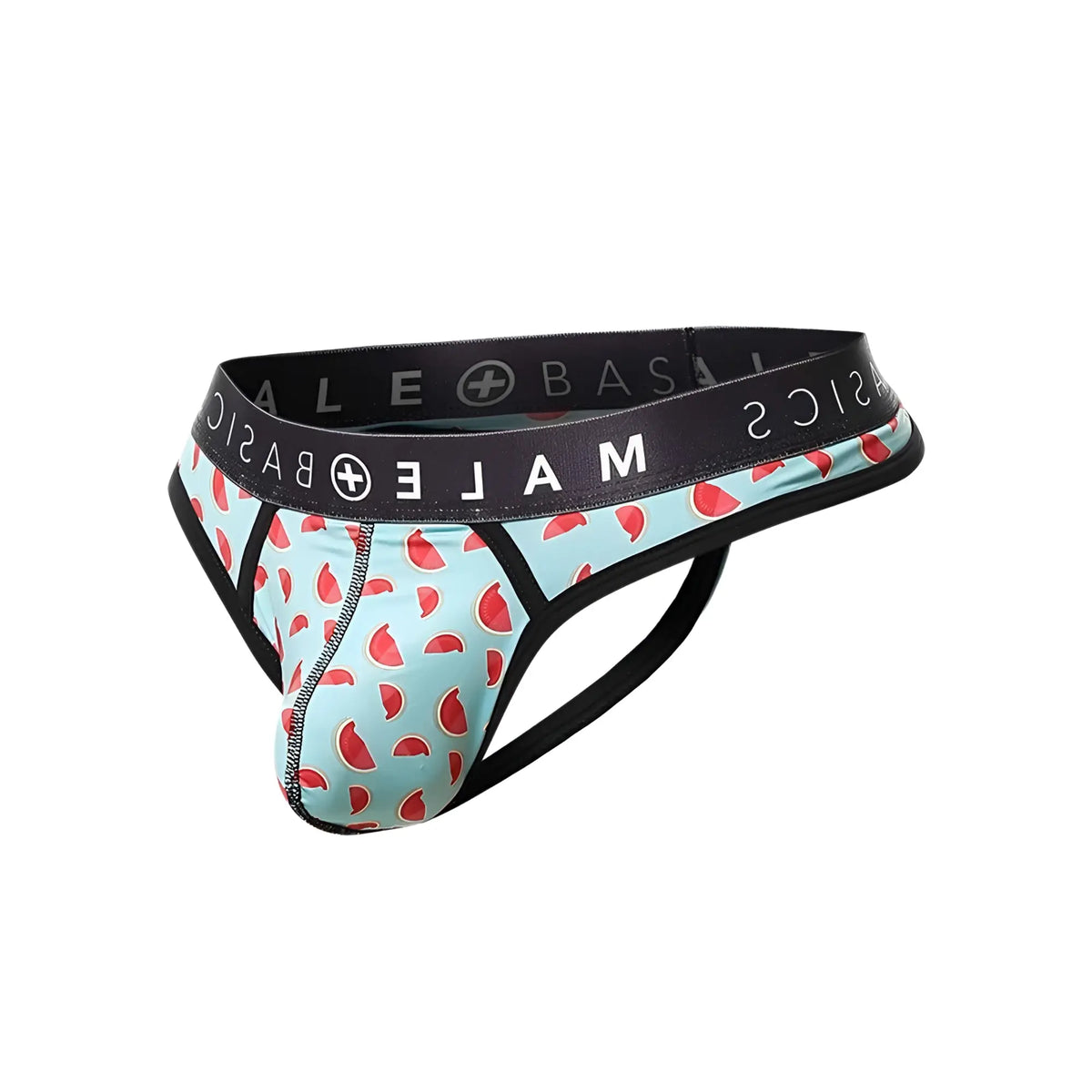 Malebasics mens thong sexy pouch light blue watermelon slice patterned briefs with black waistband and side straps