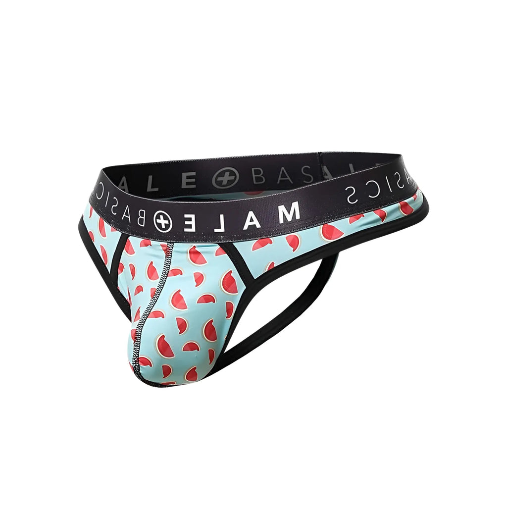 Malebasics mens thong sexy pouch in light blue watermelon slice pattern with black elastic waistband and side straps