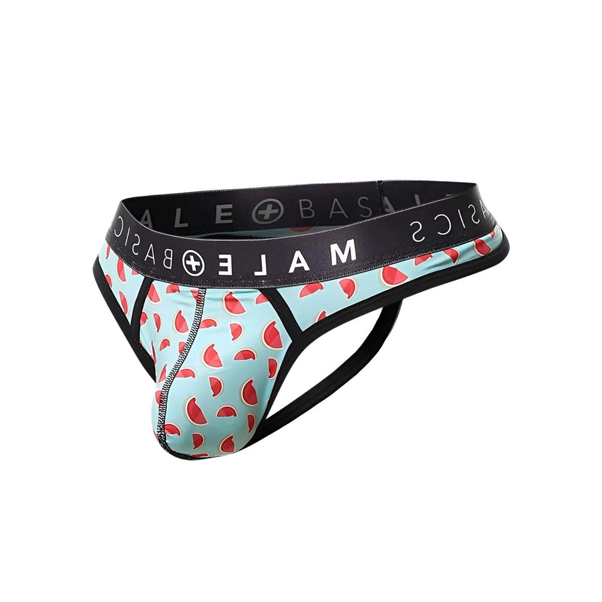 Malebasics mens thong sexy pouch with light blue watermelon slice pattern and black elastic waistband and leg straps