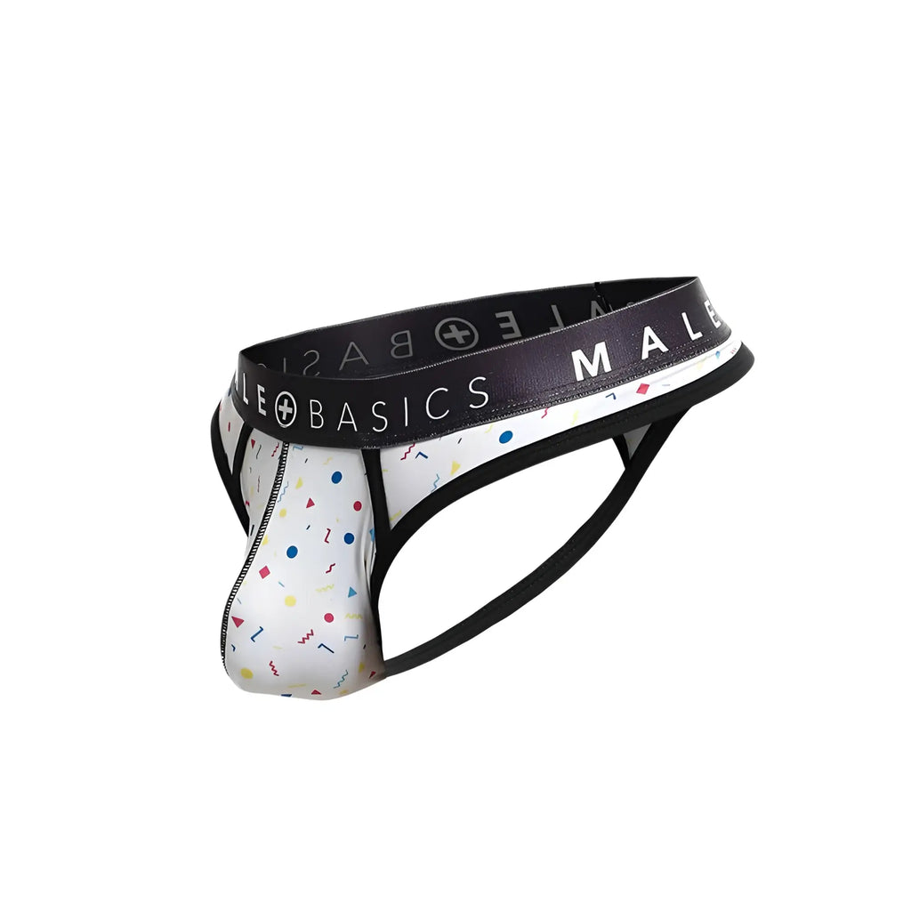 Malebasics mens thong sexy pouch white briefs with multicolored confetti pattern and black branded elastic waistband