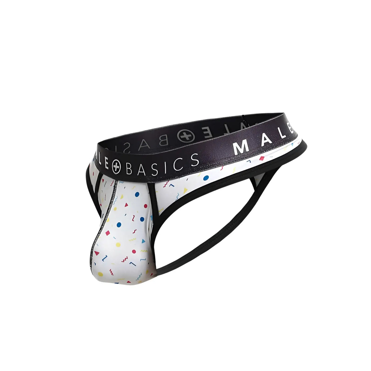 Malebasics mens thong sexy pouch white briefs with multicolored confetti pattern and black branded elastic waistband