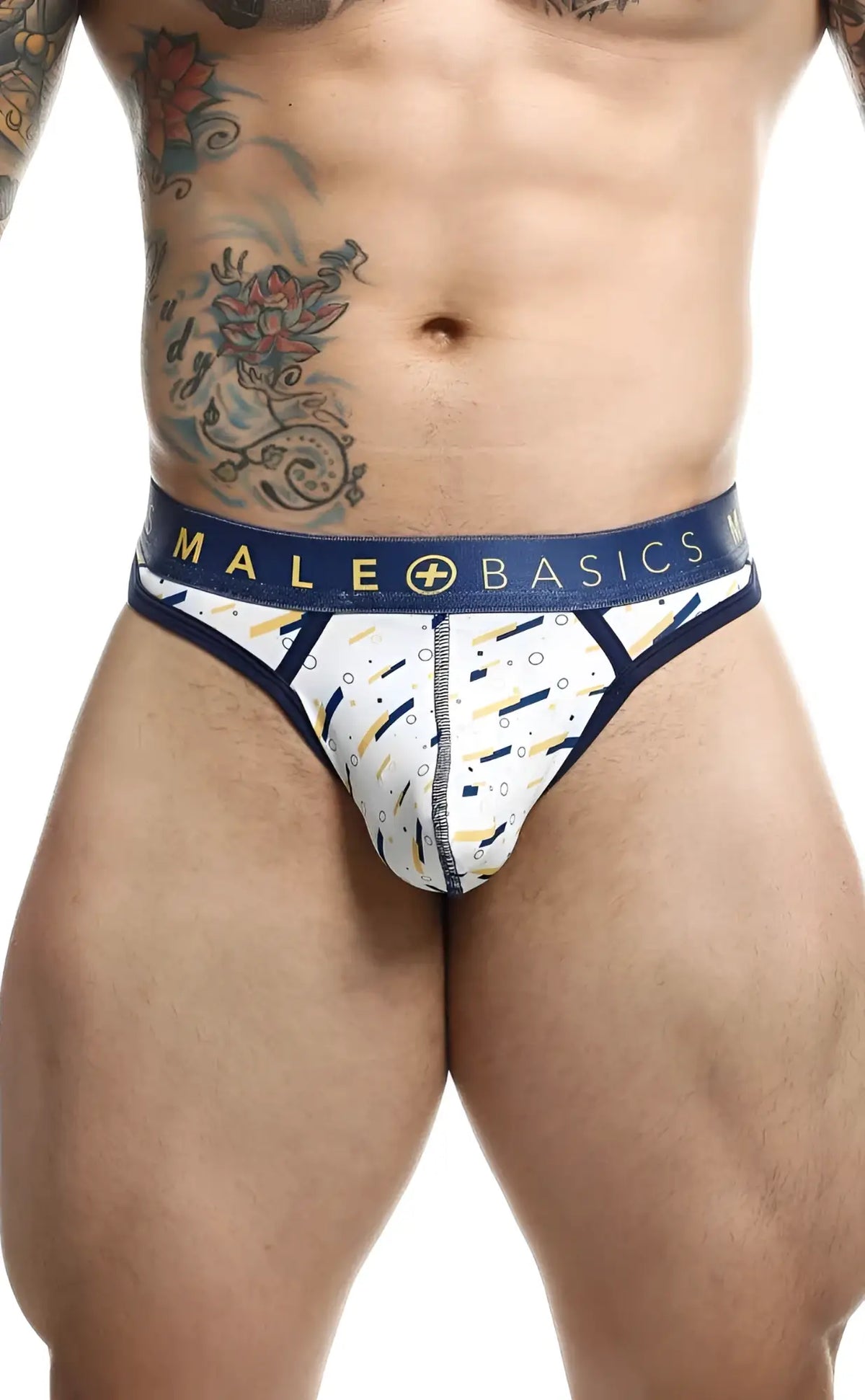Malebasics mens thong sexy pouch in white and navy blue geometric patterned fabric with male basics branded waistband