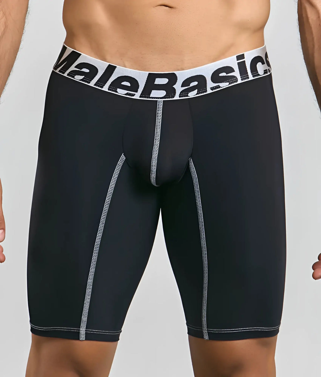 Black malebasics microfiber athletic boxer briefs with white waistband black lettering and silver seam stitching