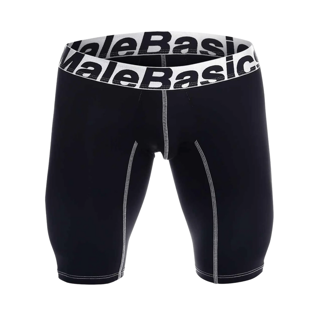 Black malebasics microfiber athletic boxer compression shorts with white elastic waistband and contrasting stitching