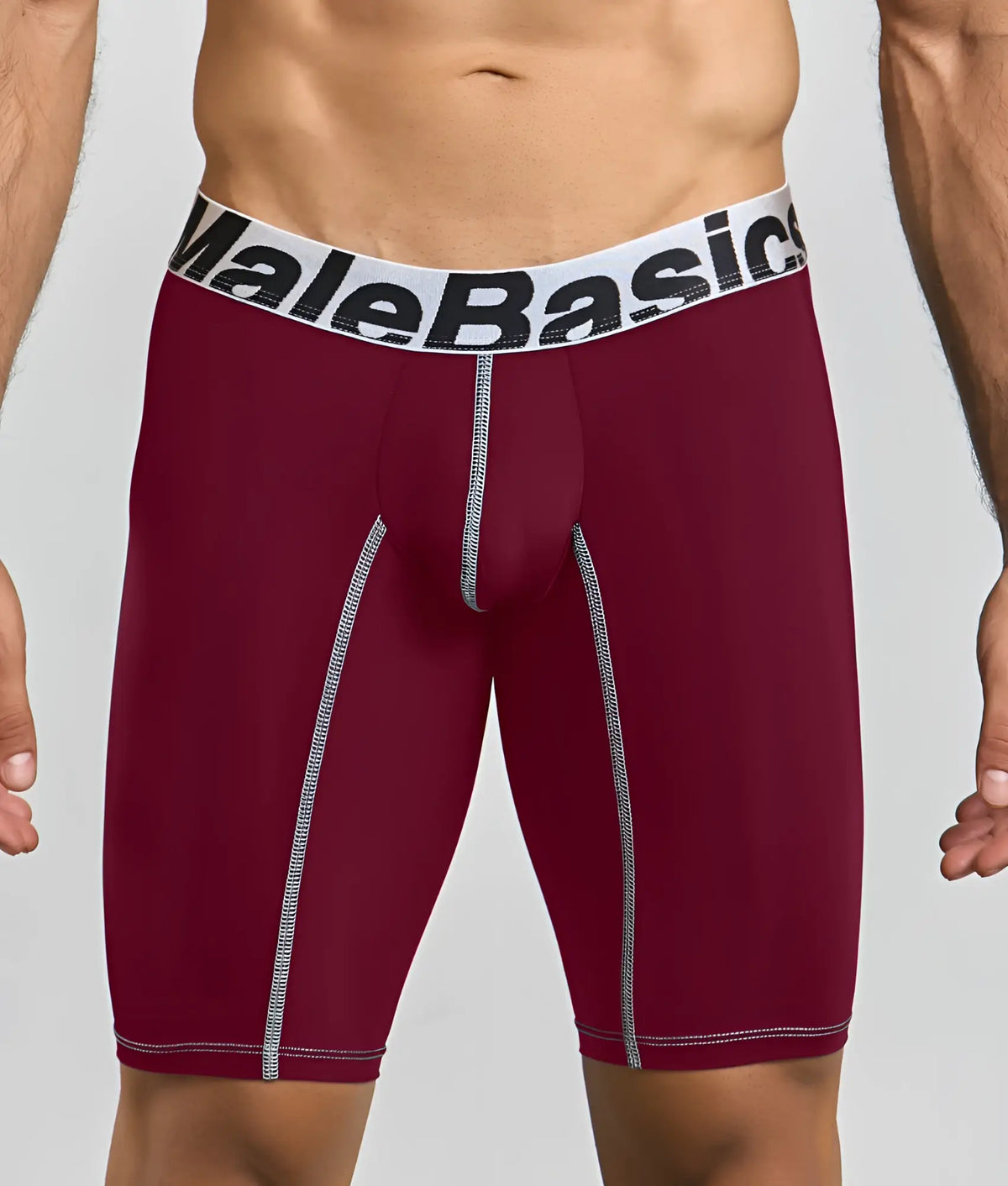 Maroon malebasics microfiber athletic boxer briefs with white elastic waistband black lettering and silver side stitching