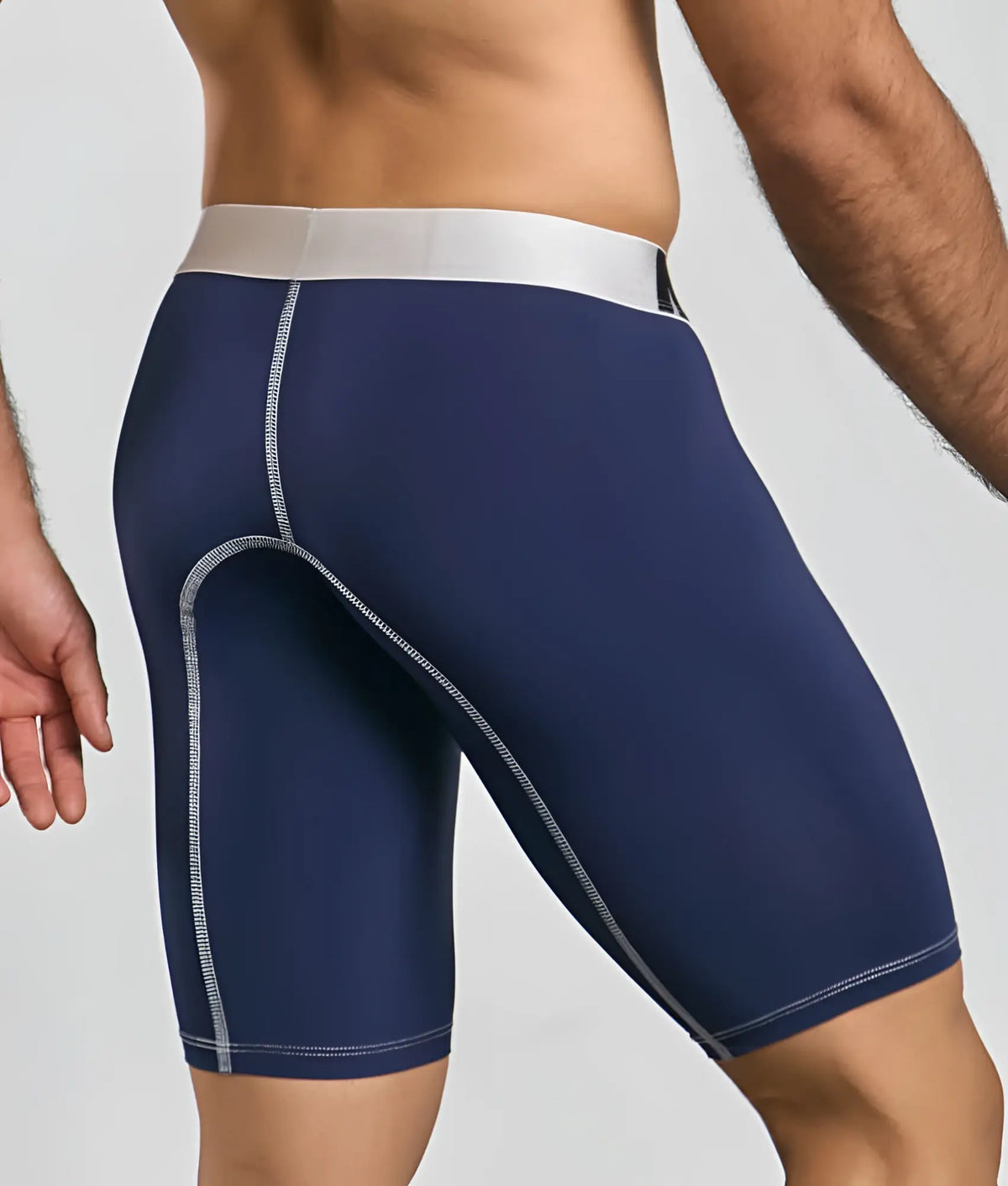 Malebasics microfiber athletic boxer navy blue briefs with white waistband and gray seam stitching visible front side