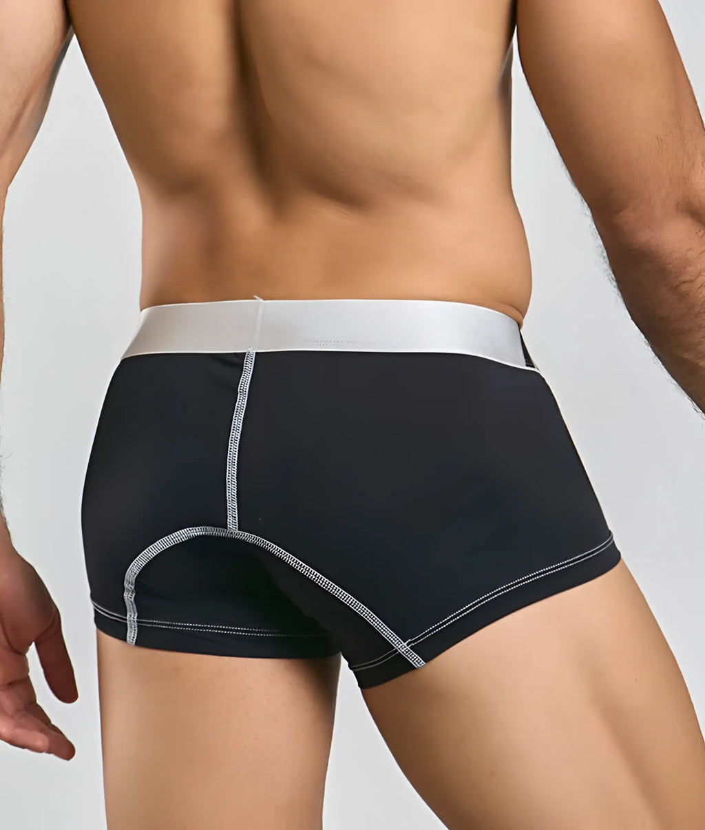 Black microfiber malebasics microfiber boxer briefs with silver waistband and matching stitching details