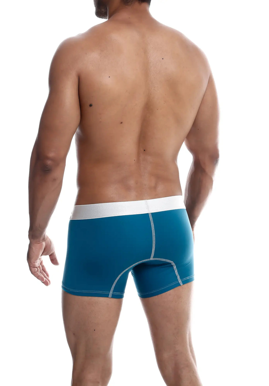 Blue malebasics microfiber boxer briefs with white waistband and contrasting stitching designed for comfort and support