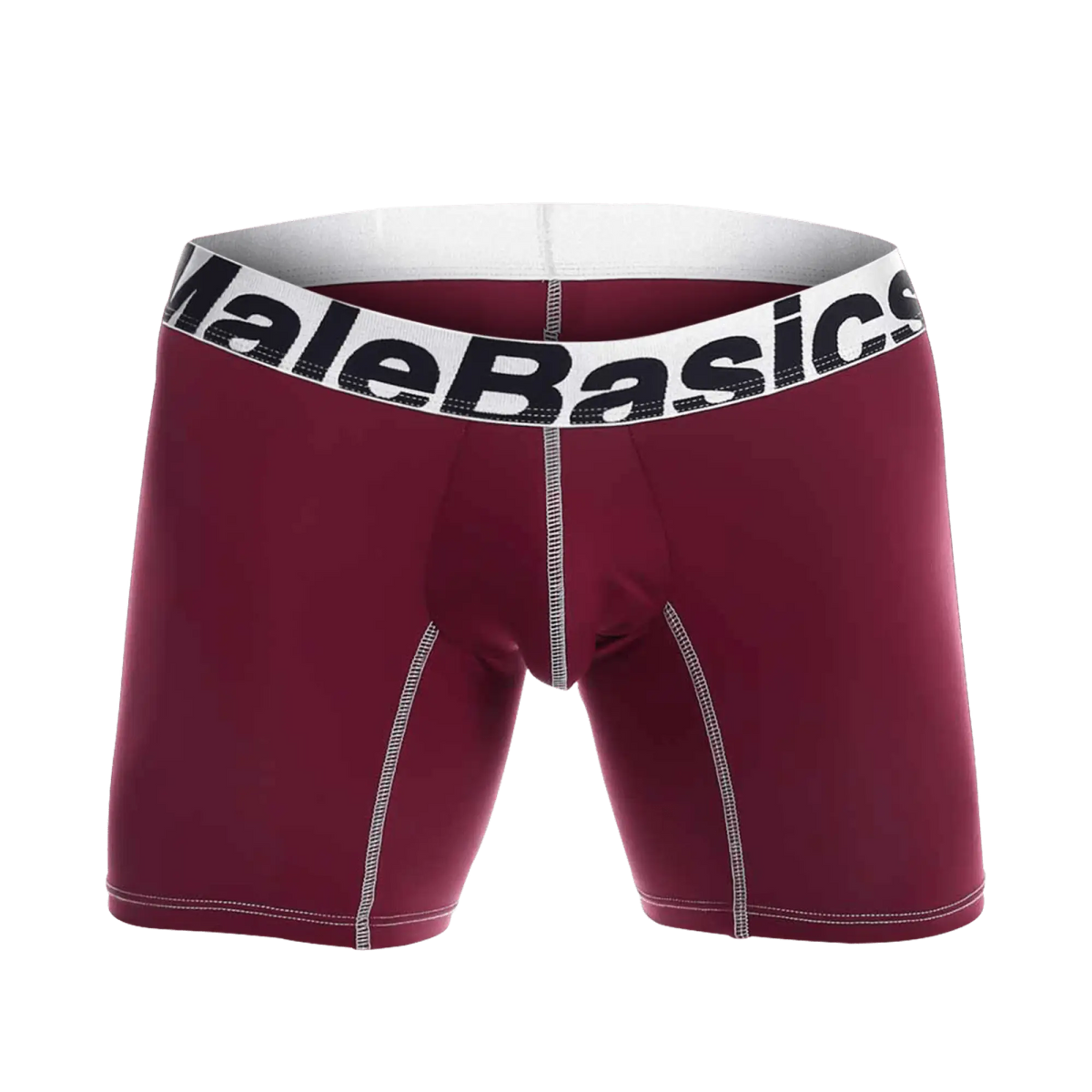 Malebasics microfiber boxer brief in maroon with white waistband black branding and contrasting stitching shown from back