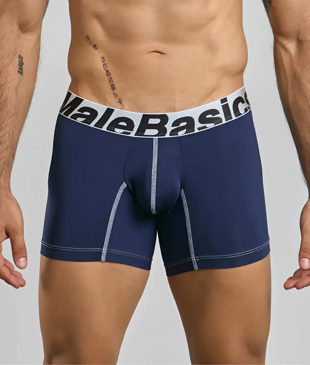 Navy blue malebasics microfiber boxer briefs with white elastic waistband and light gray stitching for daily wear