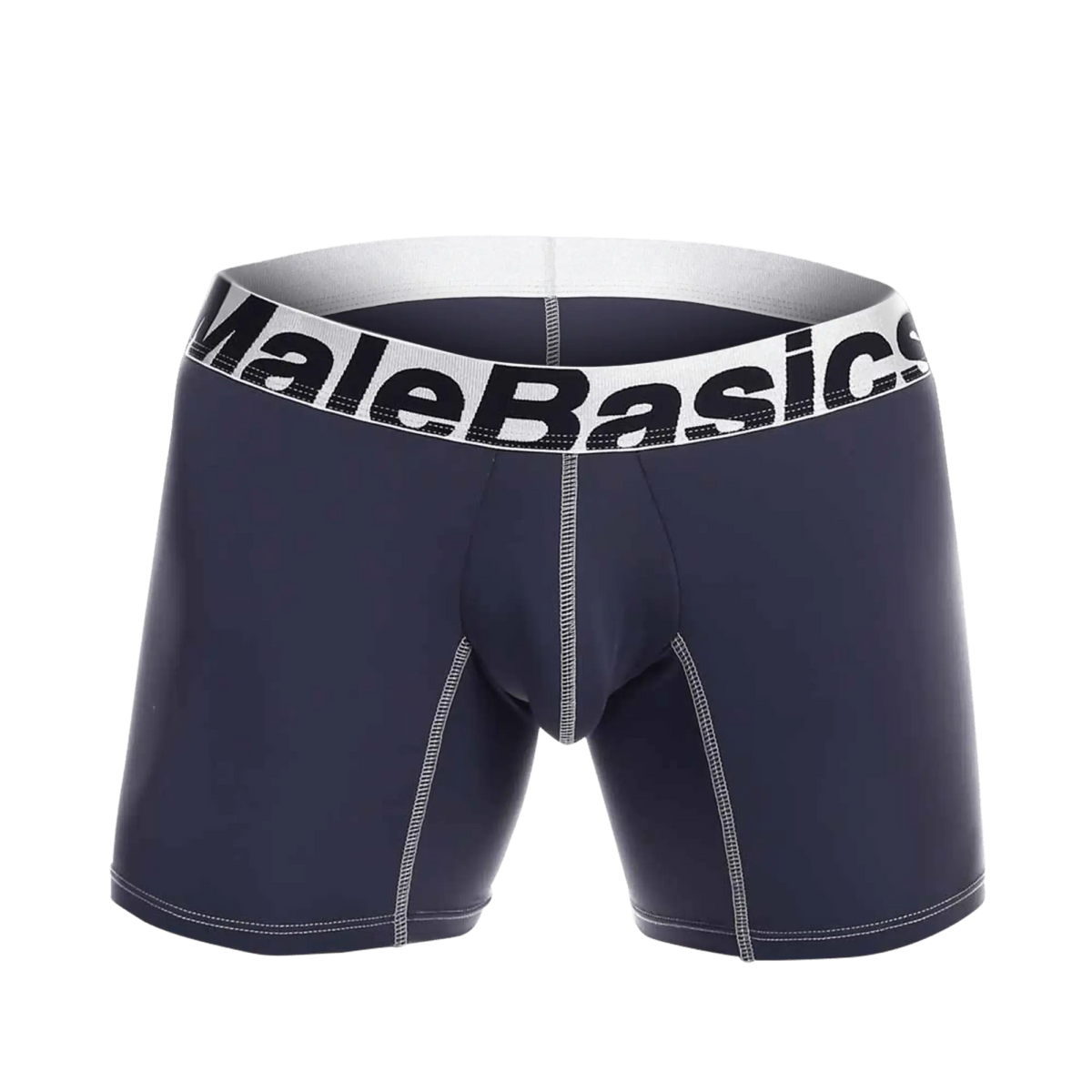 MaleBasics microfiber navy blue boxer briefs with white waistband black lettering and light gray contrast stitching