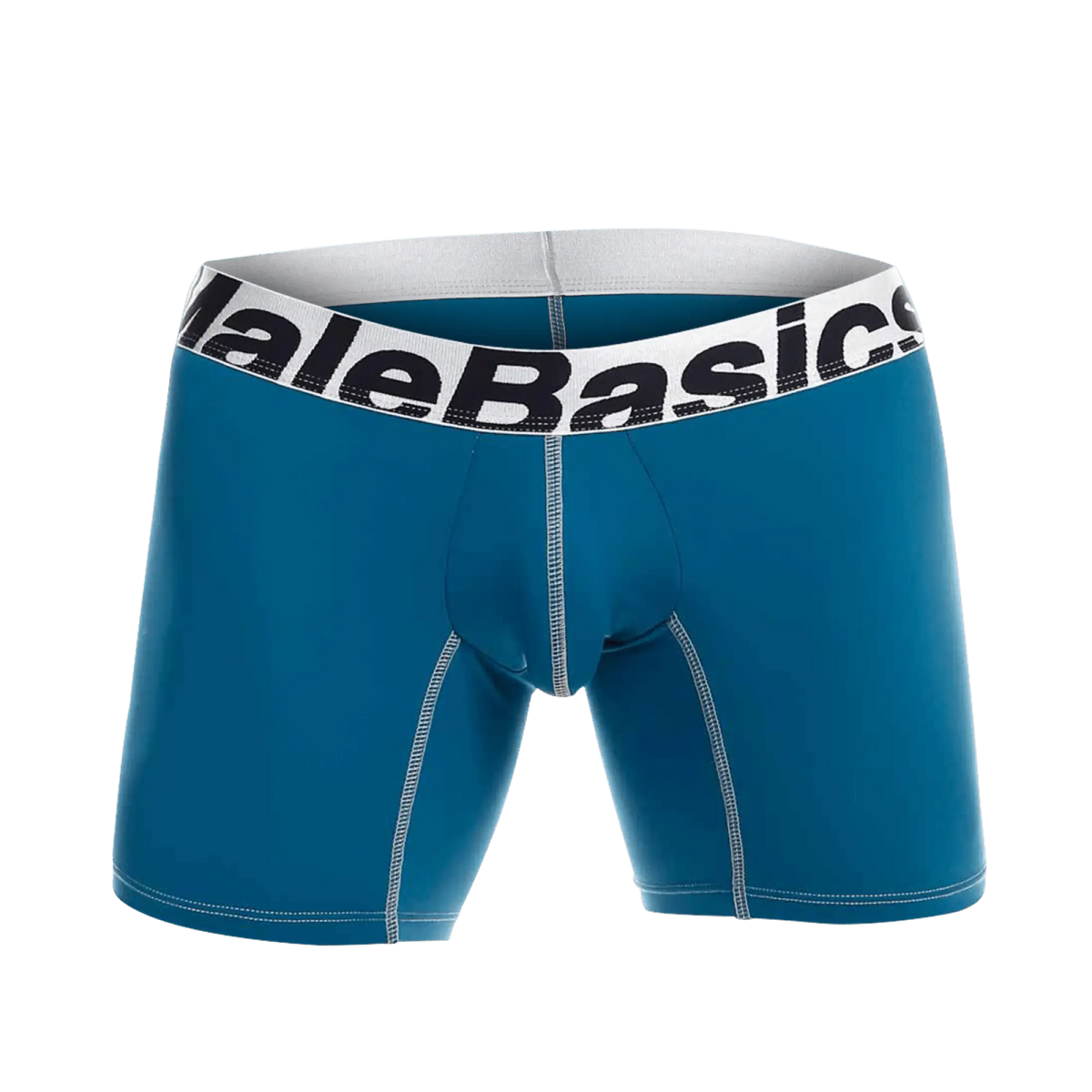 Teal malebasics microfiber boxer brief with white waistband black lettering and light gray stitching along seams