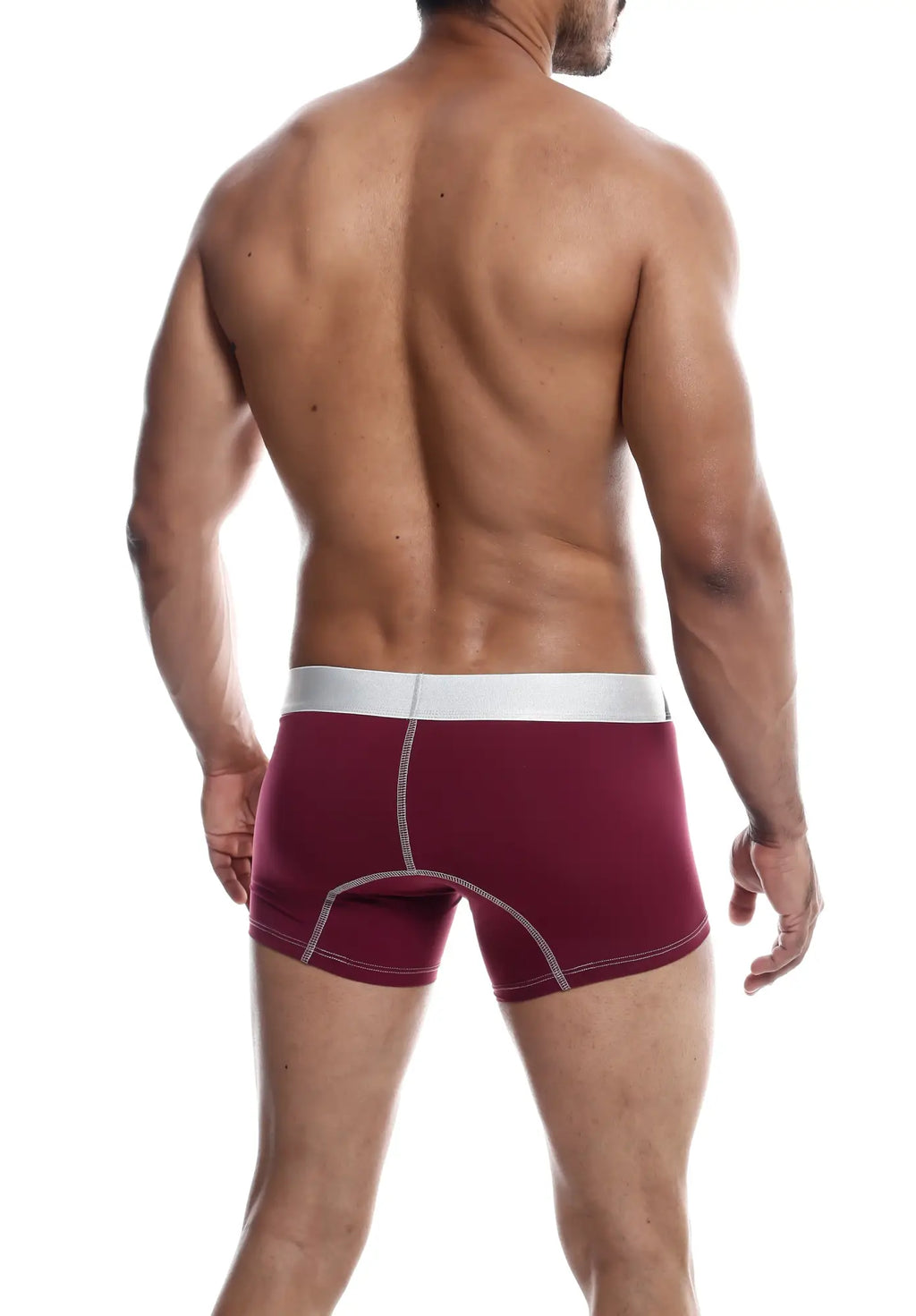 Maroon male basics microfiber boxer briefs with white waistband and contrasting stitching front view