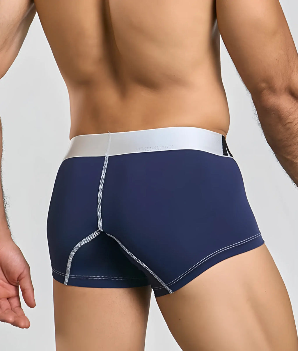 Malebasics microfiber boxer navy blue with white waistband and light gray stitching for comfortable support