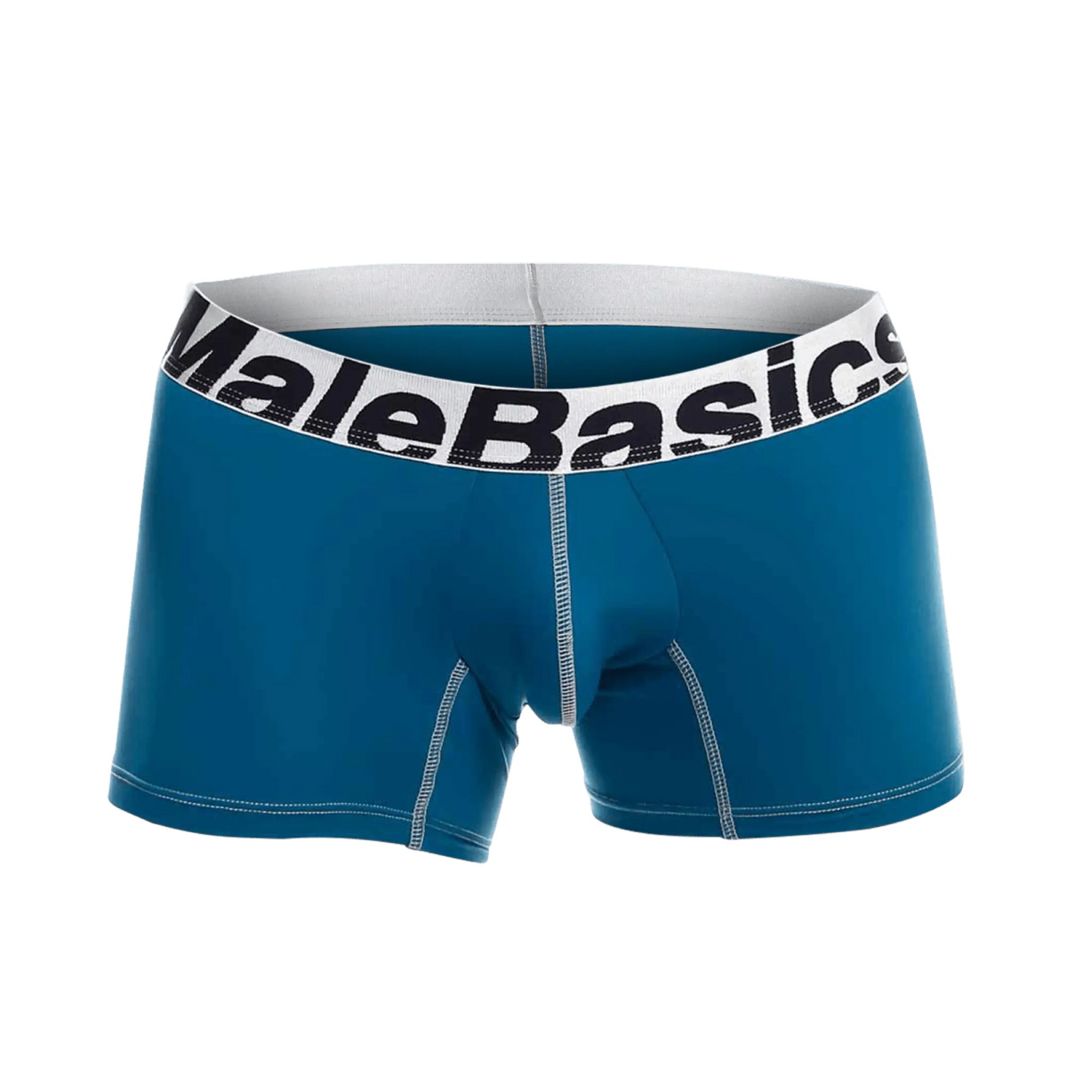 Teal malebasics microfiber boxer briefs with white waistband black lettering and contrasting stitching front view