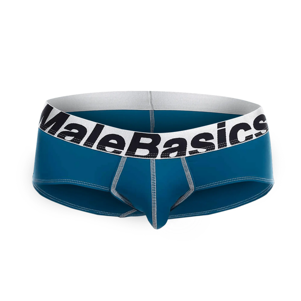 Blue malebasics microfiber brief with white waistband black lettering and silver stitching front view