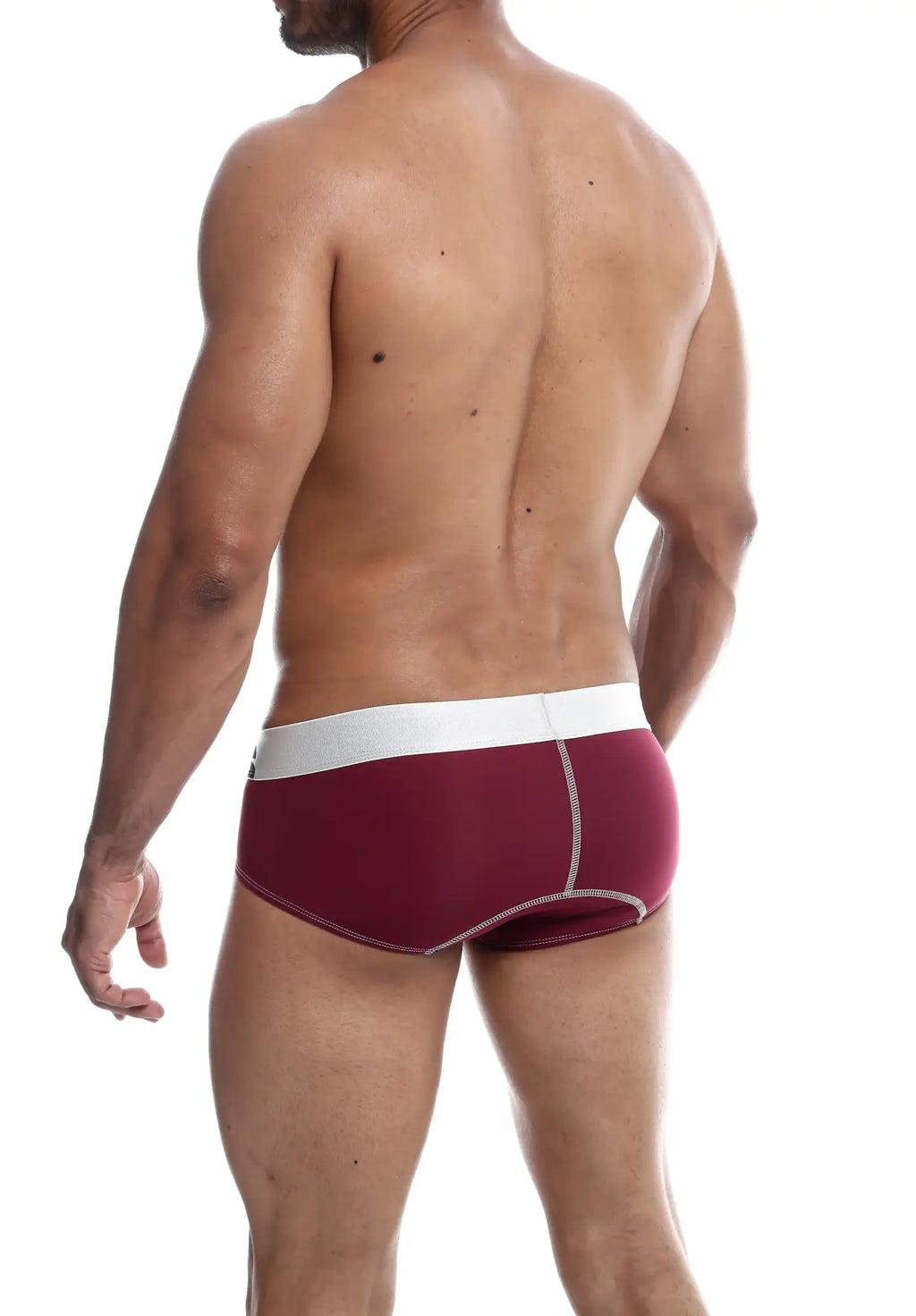 Malebasics microfiber brief in maroon with white waistband and contrasting stitching made from soft microfiber fabric