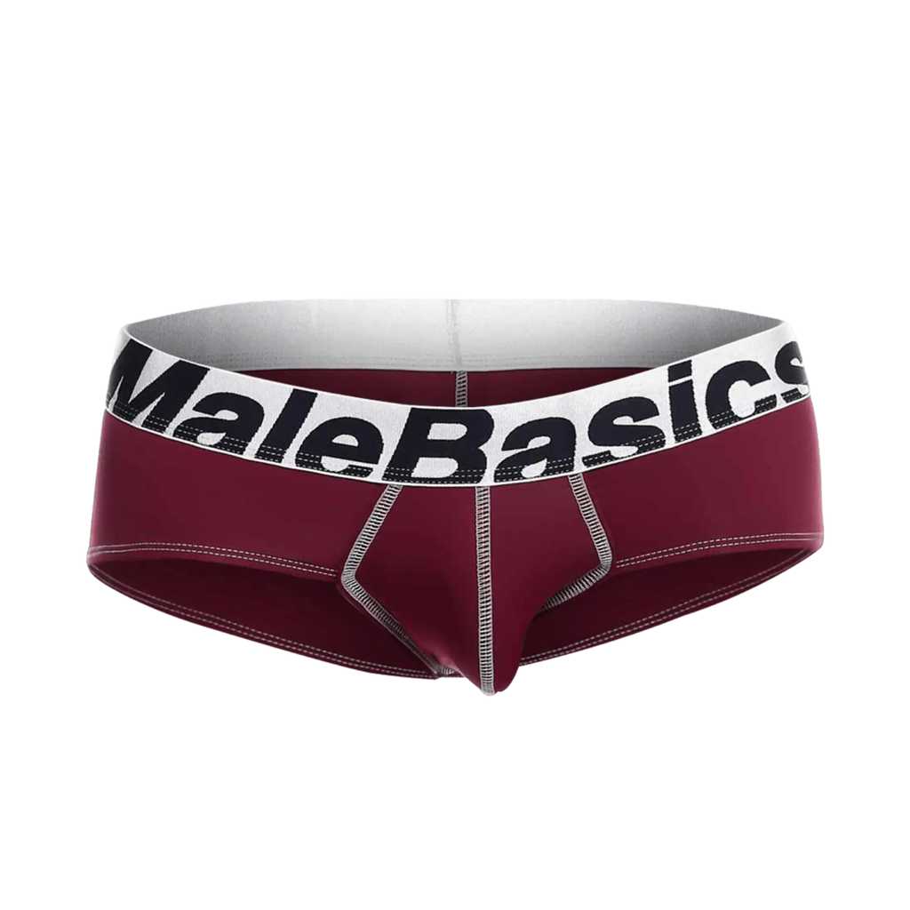 Maroon malebasics microfiber briefs with a white waistband black lettering and silver stitching front view