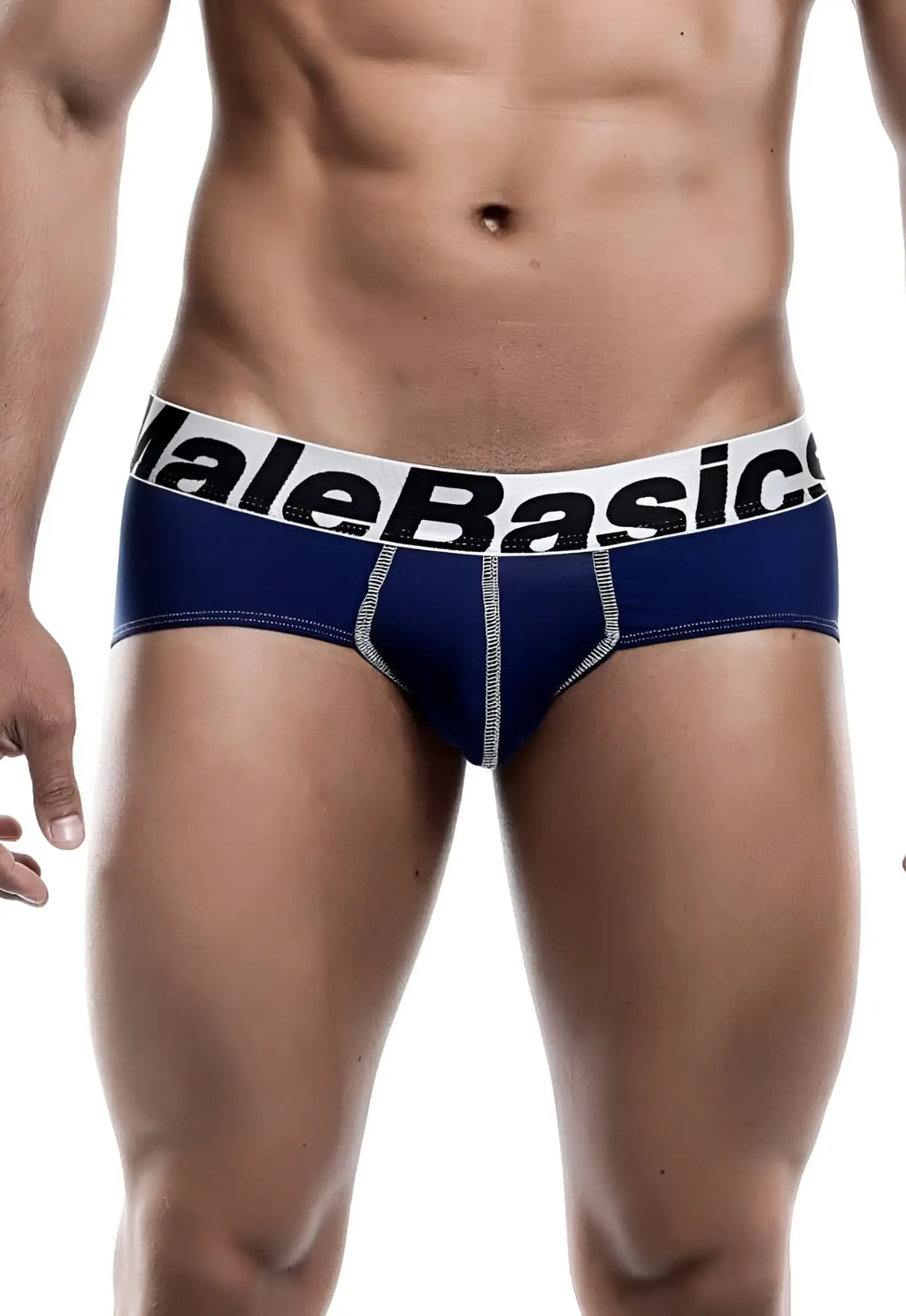 Navy blue malebasics microfiber briefs with white waistband, black lettering, and silver stitching along the seams