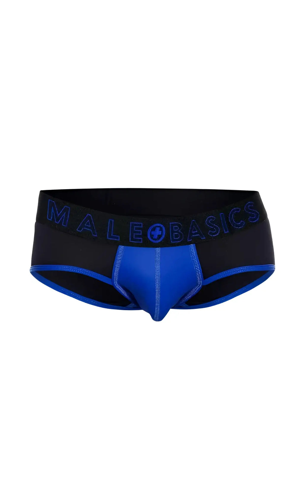 Menâ€™s black and royal blue neon briefs with male basics branding on waistband in matching blue lettering