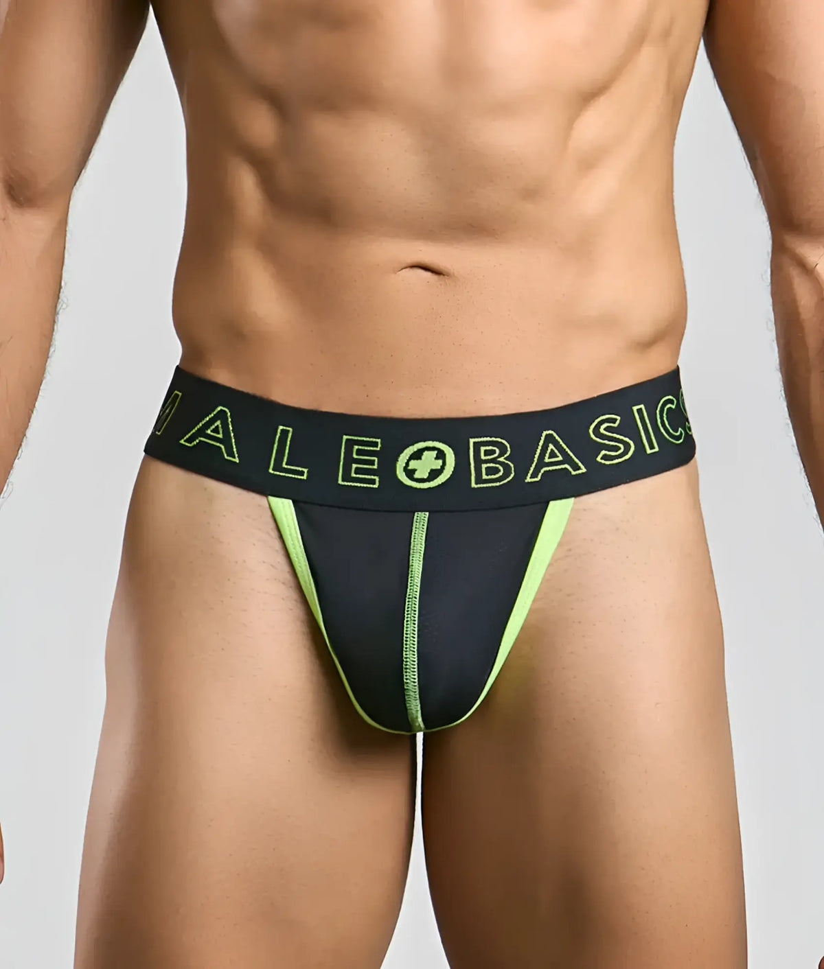 Black and neon green male basics neon thong athletic briefs with branded waistband designed for active wear