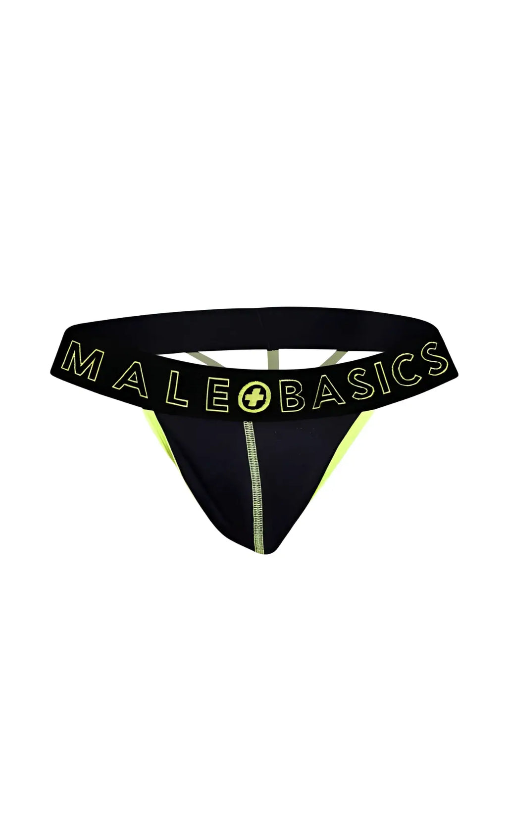 Black male basics neon thong with neon yellow trim and central seam made from soft stretch fabric