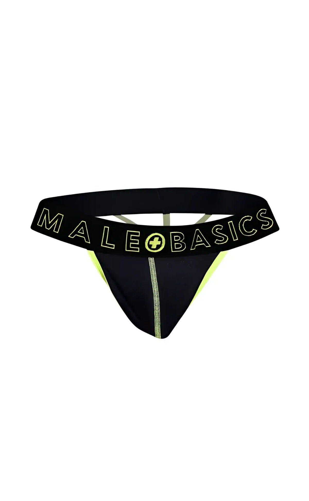 Black male basics neon thong with neon yellow trim and central seam made from soft stretch fabric