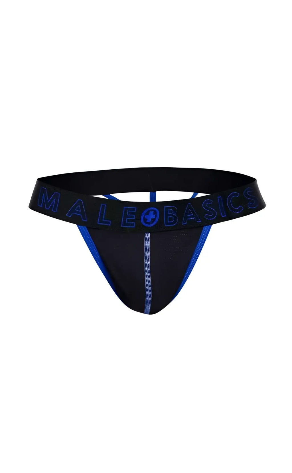 Black male basics neon thong with blue trim and logo detailing made from soft stretch fabric shown from the back side