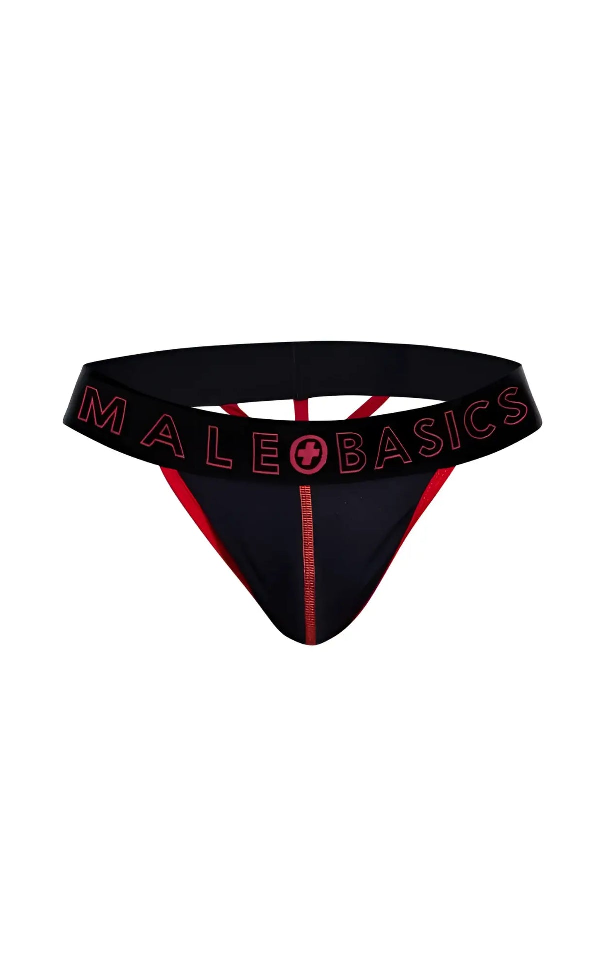 Black male basics neon thong with red trim and logo detailing made from comfortable breathable fabric