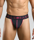 Black and pink male basics neon thong athletic briefs with bold logo waistband designed for active use