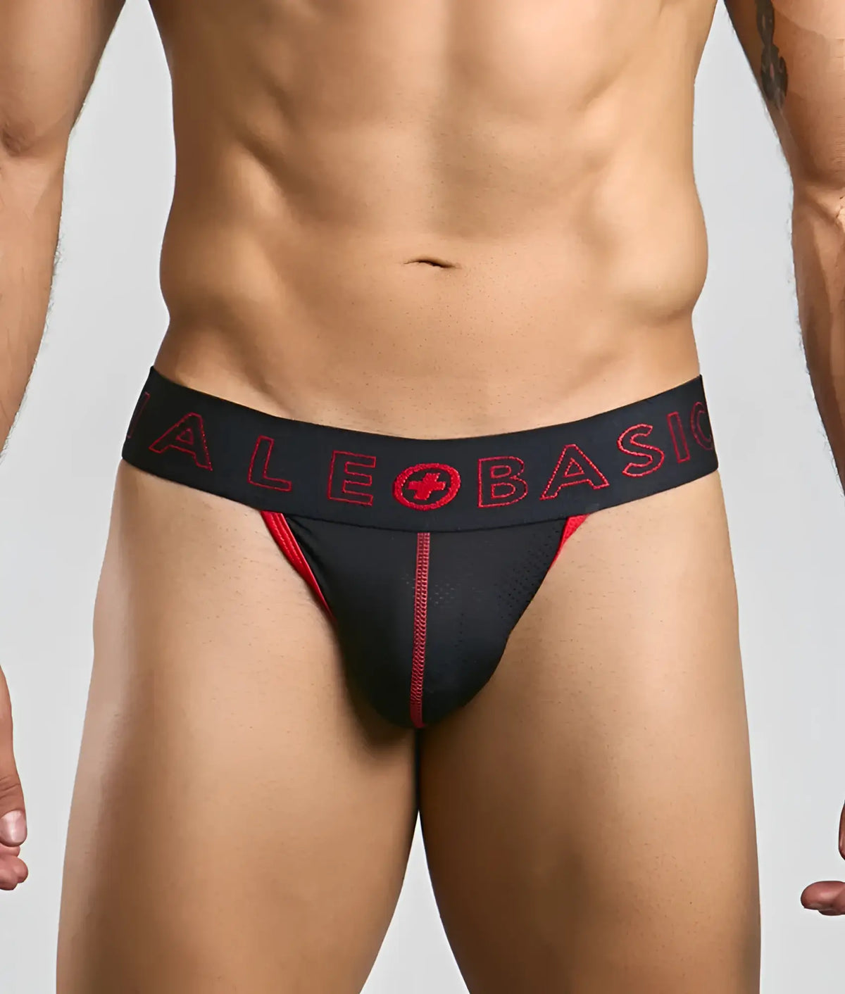 Malebasics neon thong black and red ale basico briefs with mesh panel and stitched detailing front view