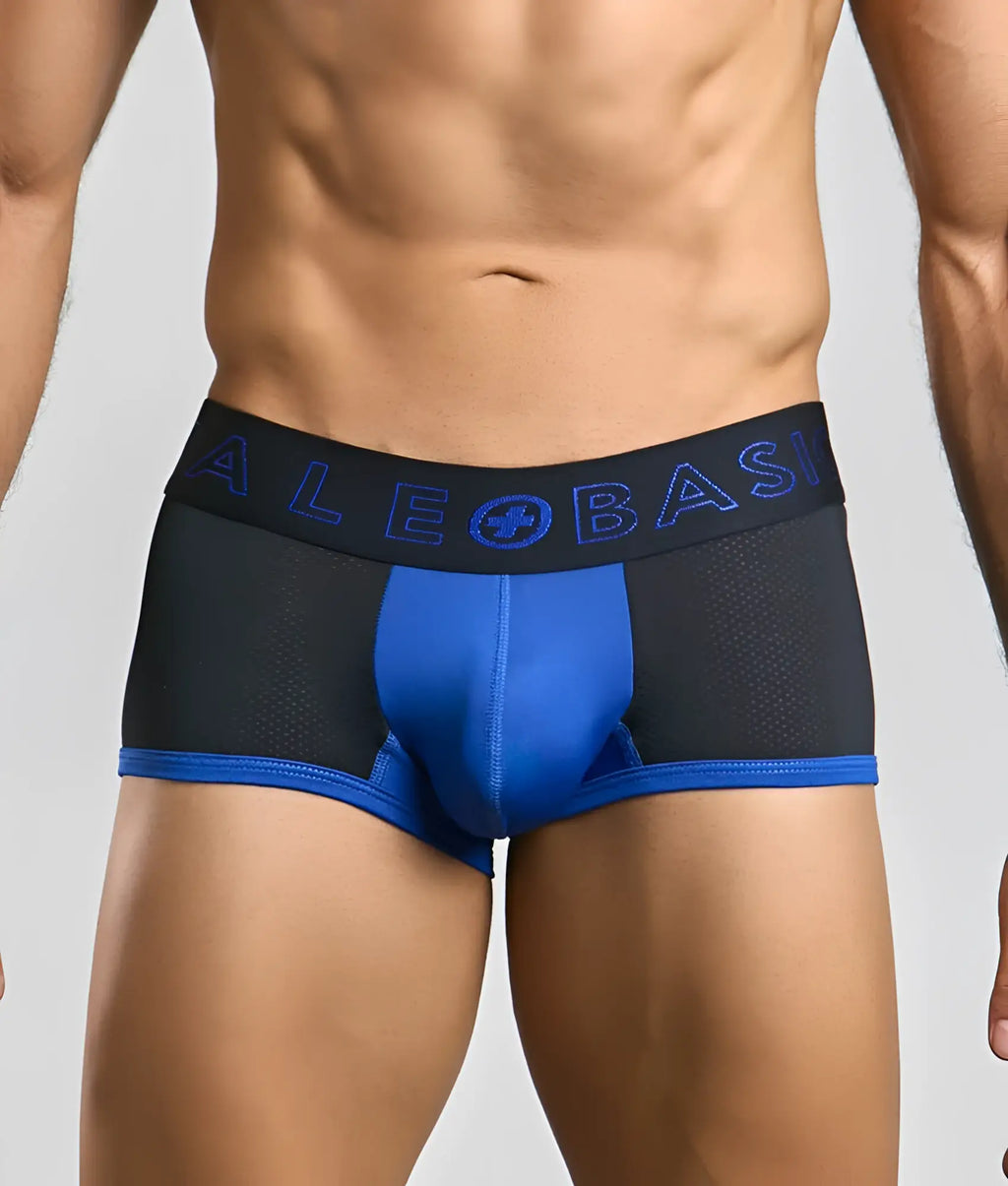 Male basics neon trunk black and blue athletic briefs with mesh design and aleo basket logo on waistband