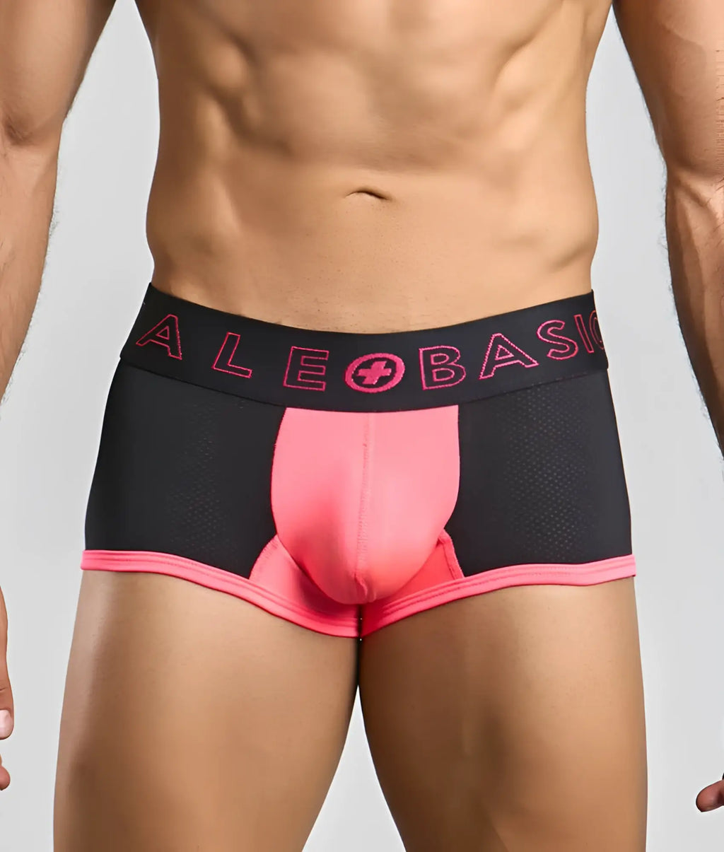 MaleBasics neon trunk black and pink athletic briefs with mesh fabric and bold pink ale basics waistband branding