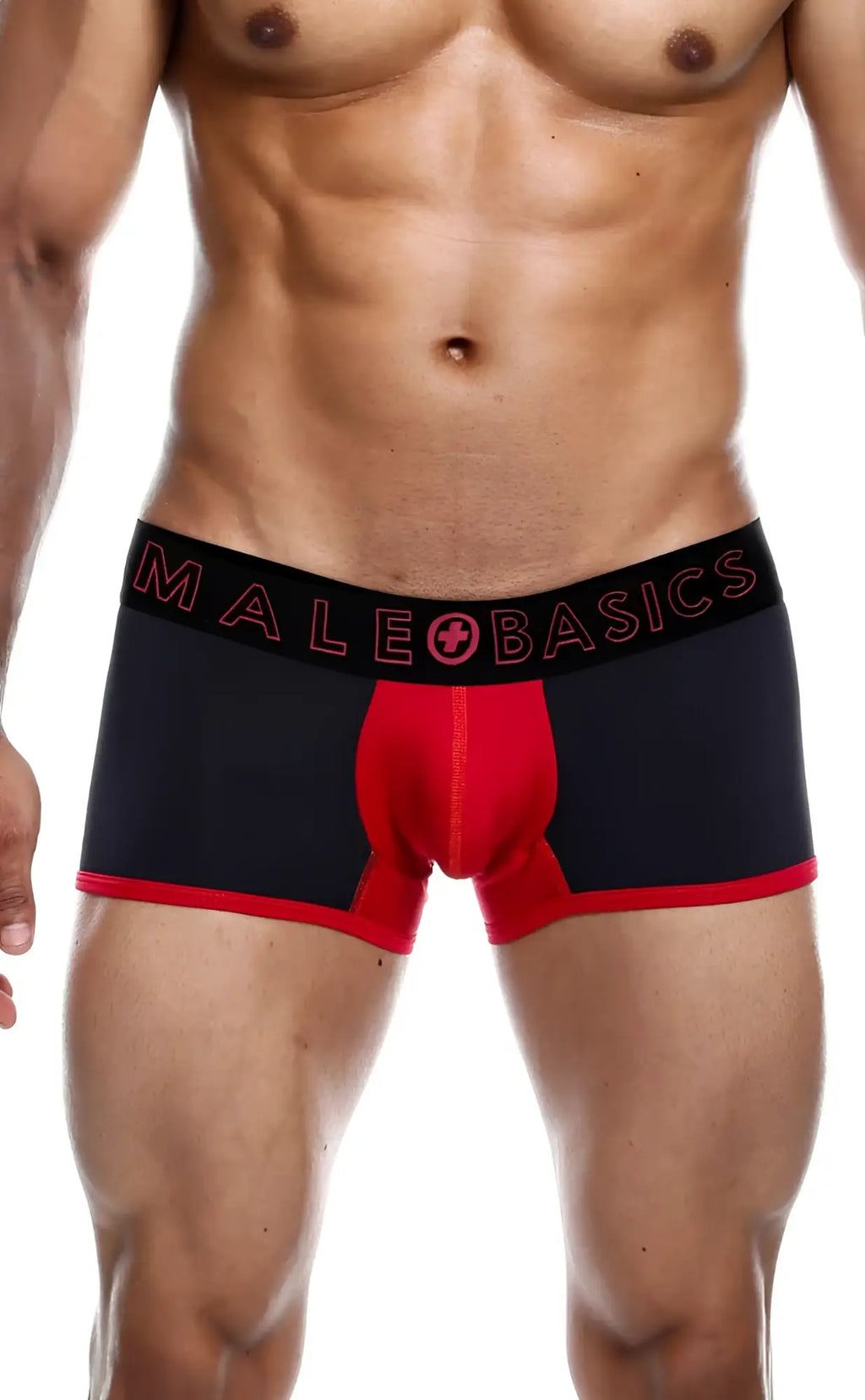 Black and red menâ€™s boxer briefs with bold male basics logo on waistband from the malebasics neon trunk collection