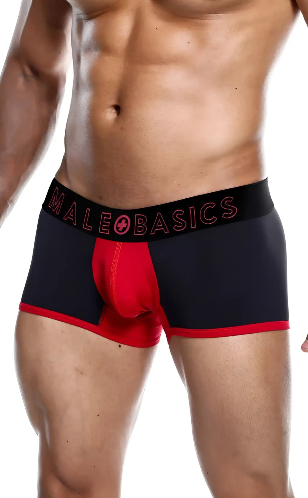 Male basics neon trunk black and red menâ€™s boxer briefs with bold male basics logo on the waistband