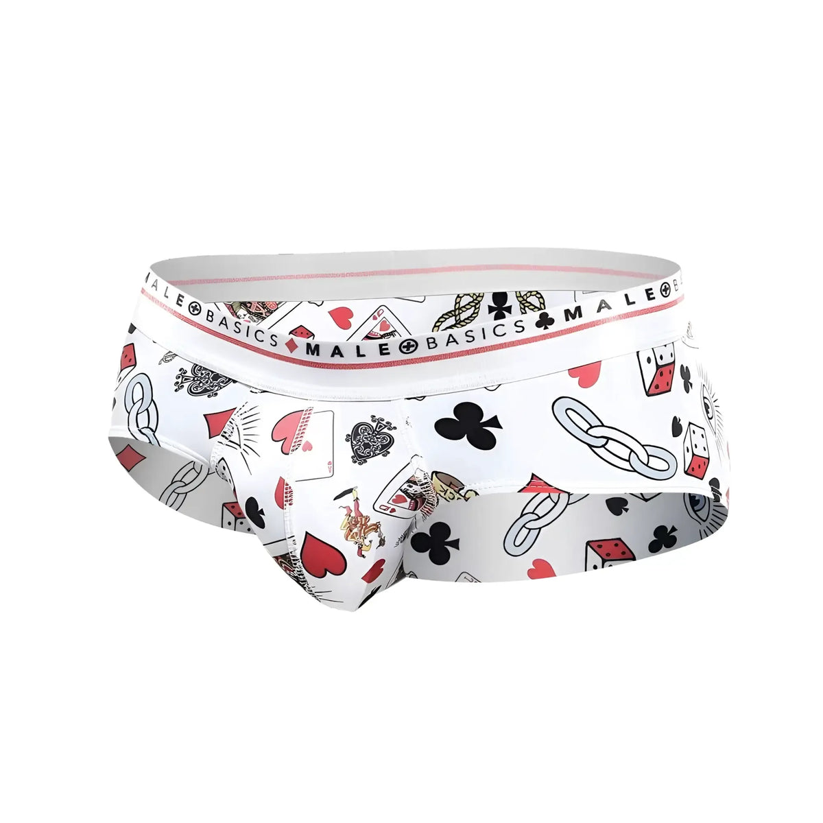 White malebasics new hipster briefs with poker themed black red and gray card symbols including hearts spades and dice