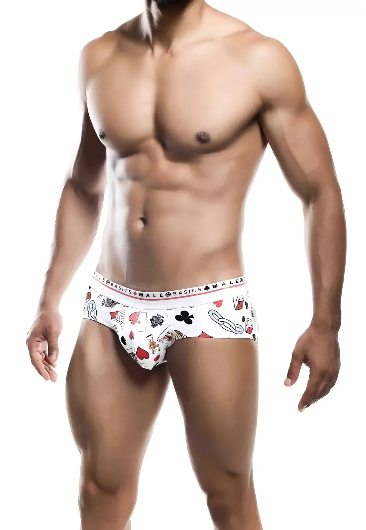 White MaleBasics hipster briefs with red and black poker card symbols.