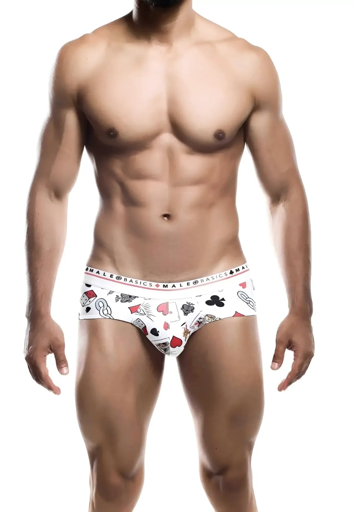 White menâ€™s hipster briefs with a playful poker card pattern and Male Basics branding on the waistband.