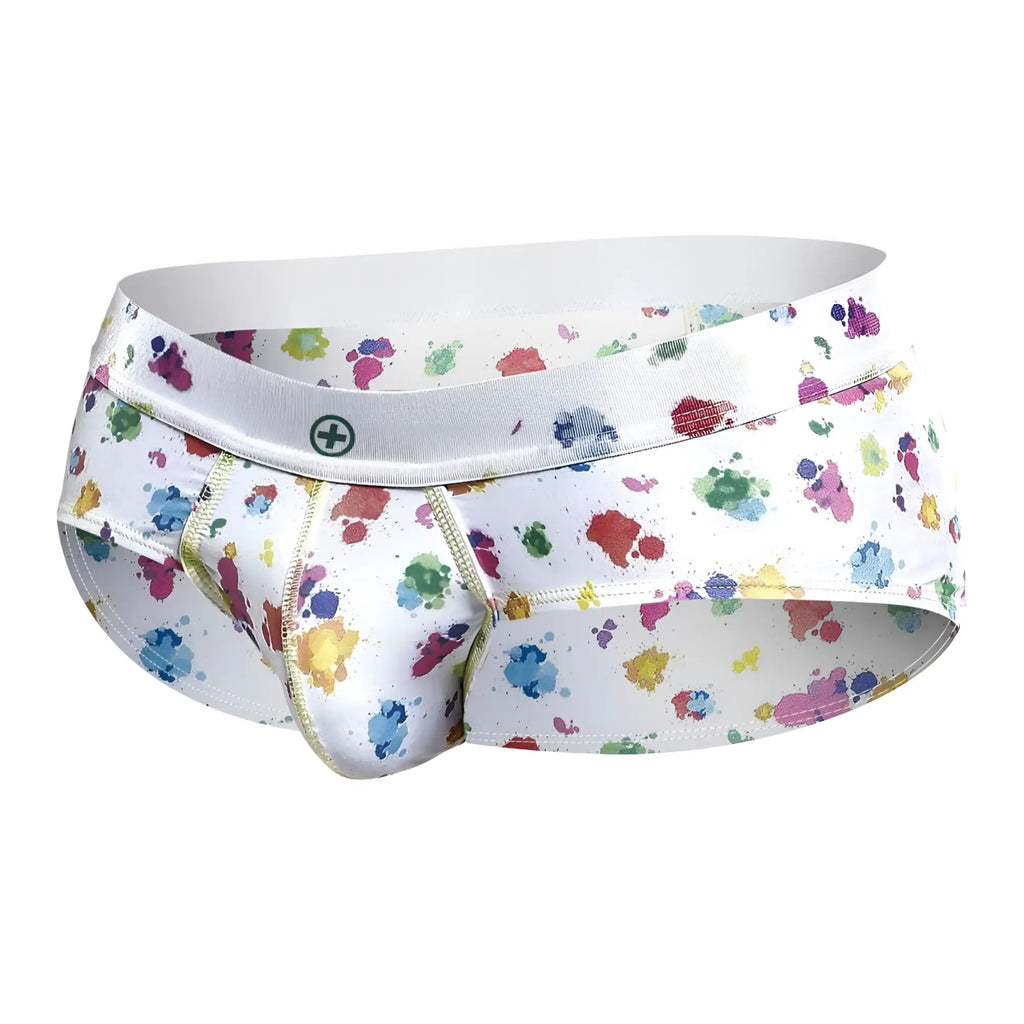 Malebasics new hipster brief white splash white briefs with multicolored paint splatter gold stitching and logo waistband