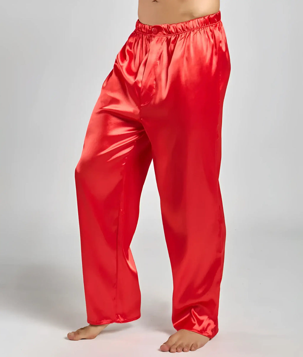 Red satin pajama pants from Malebasics with elastic waistband and smooth glossy finish