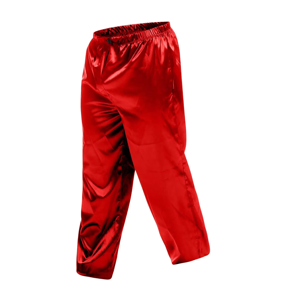 Shiny red satin pants with elastic waistband from malebasics pants satin collection