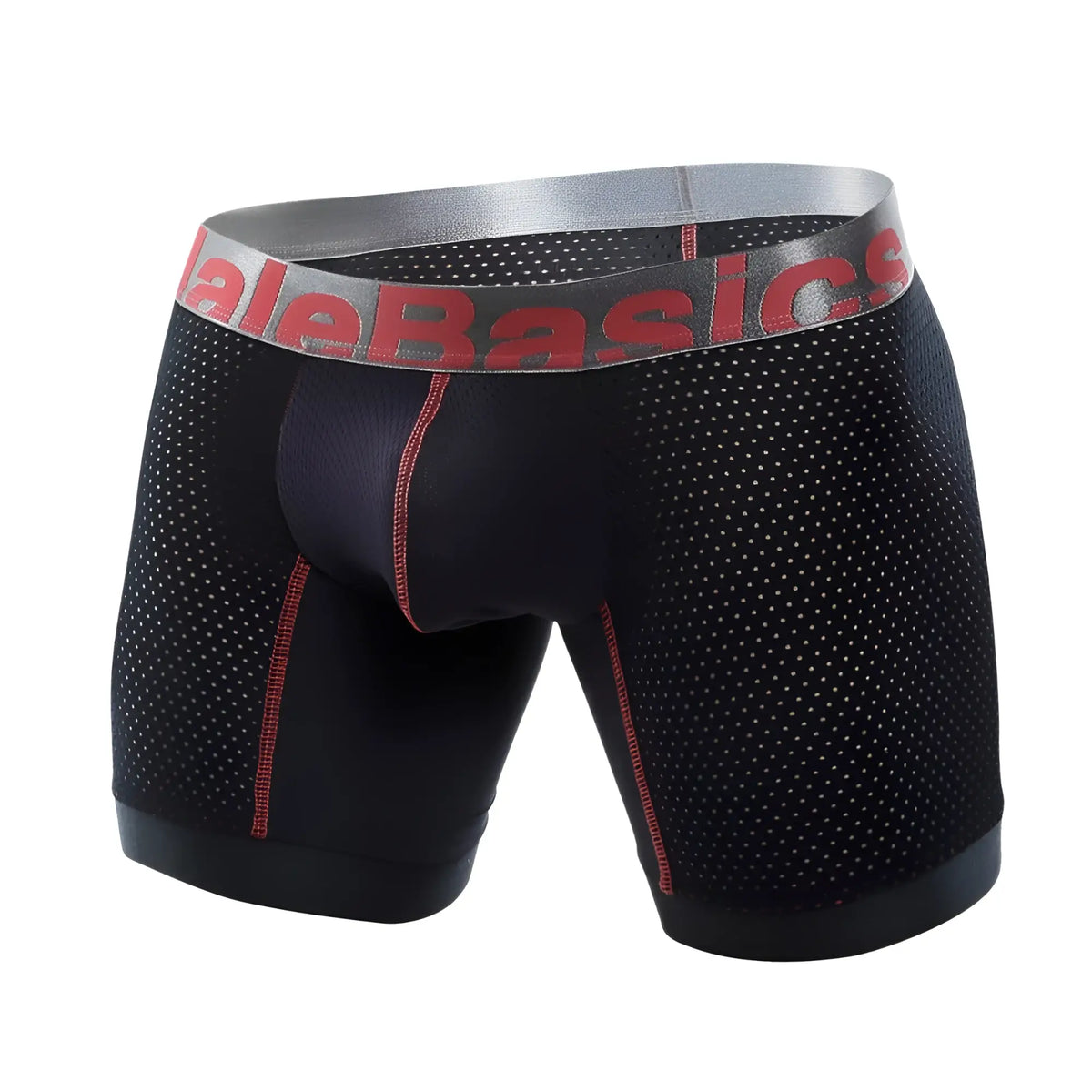 Black mesh boxer briefs with red stitching and gray malebasics waistband in performance titanium fit design