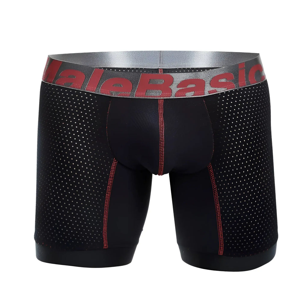 Malebasics performance titanium fit boxer brief in black mesh with red stitching and silver waistband logo front view